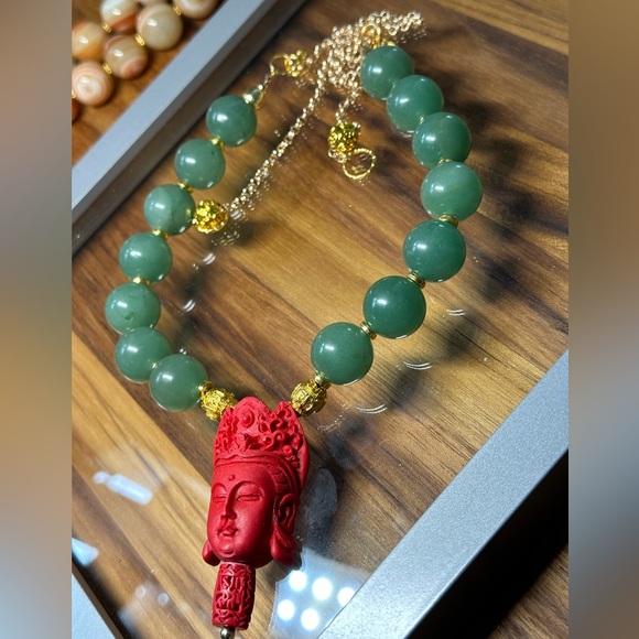 JADE AVENTURINE + CINNABAR BUDDAS HEAD NATURAL STONES CHOKER NECKLACE - Picture 2 of 9